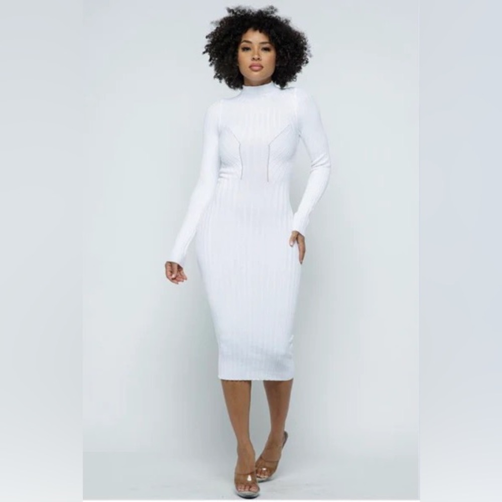 Midi sweater dress, runs true to size with stretch. Model wearing size small.